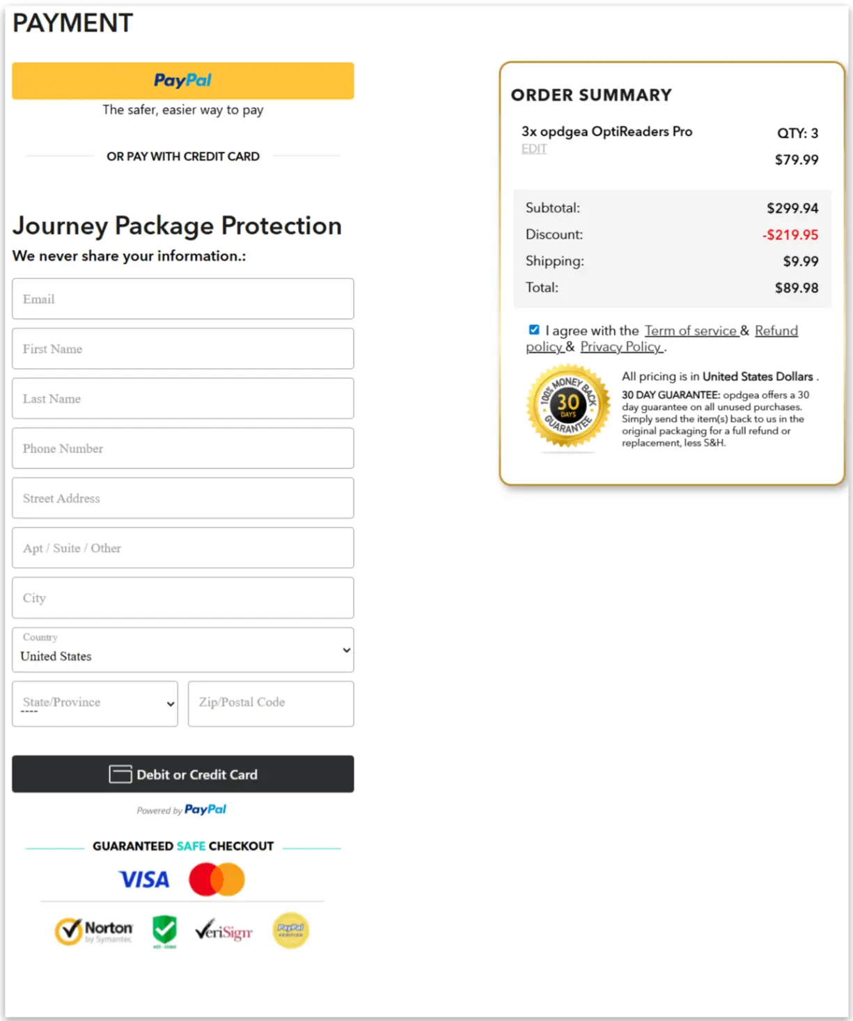 OptiReaders Pro Secure Checkout Page